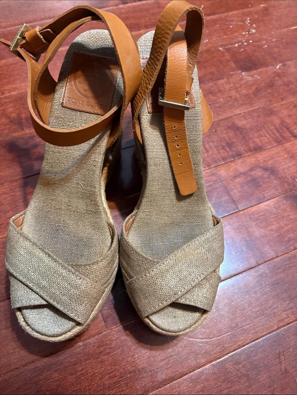 Tory Burch Gold Wedge Sandals with Tan Ankle Straps